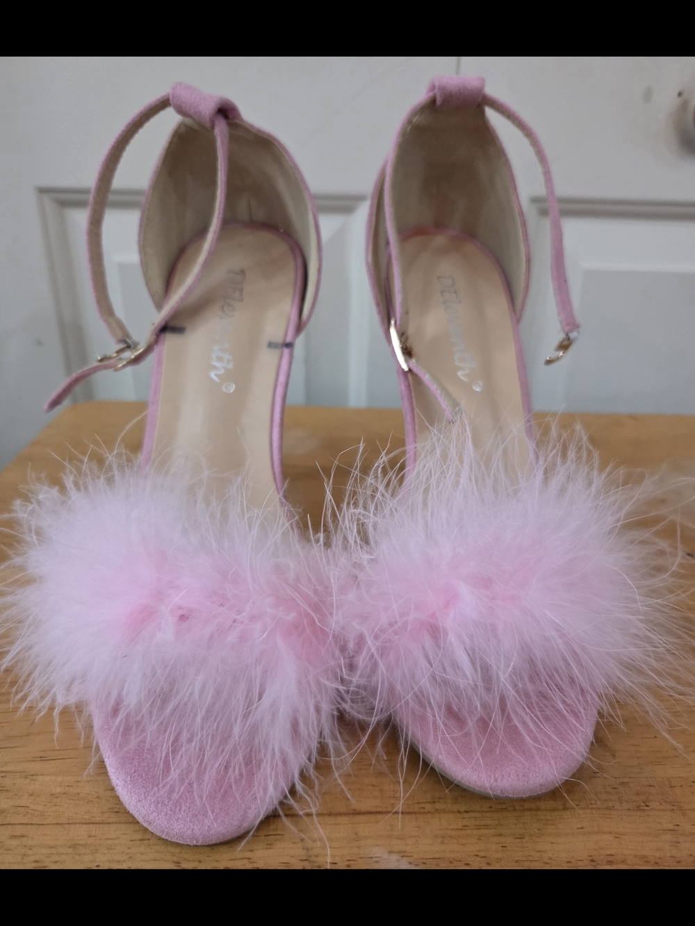Pink Feather-Trim Ankle-Strap Heels